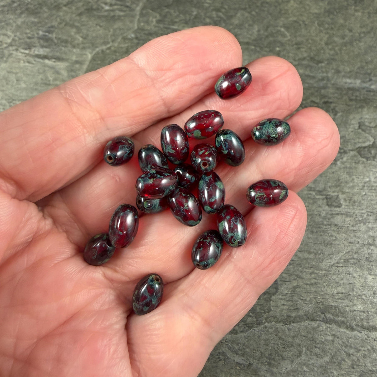 Czech Glass Beads - 9x6mm Olive Oval, Red Picasso (R964853) * 20 Beads
