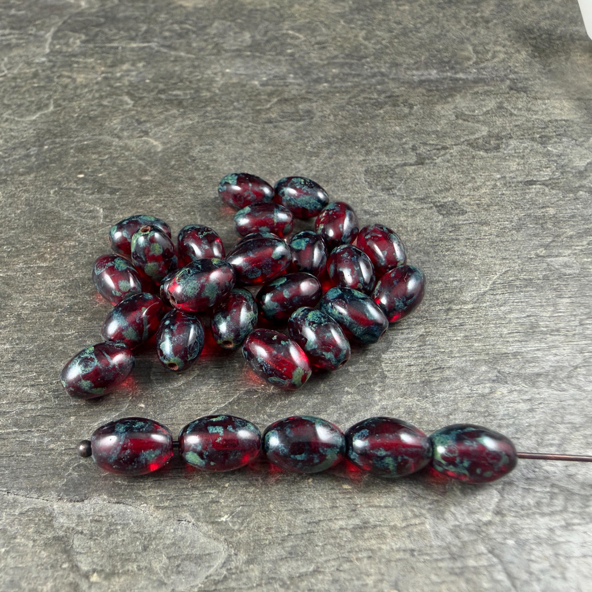 Czech Glass Beads - 9x6mm Olive Oval, Red Picasso (R964853) * 20 Beads