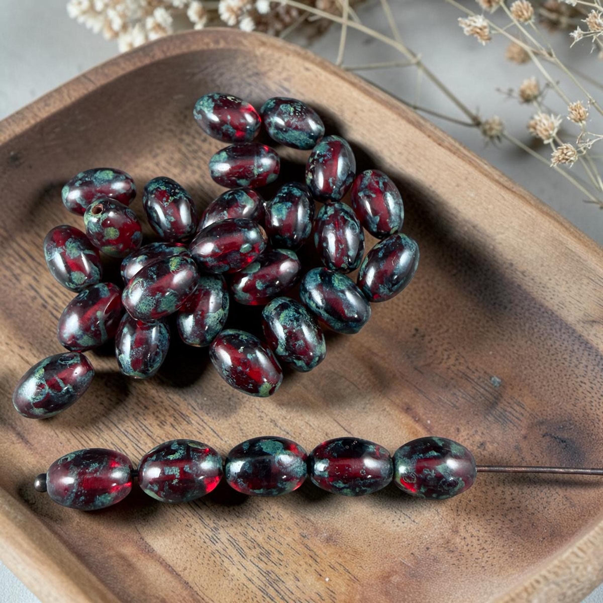 Czech Glass Beads - 9x6mm Olive Oval, Red Picasso (R964853) * 20 Beads