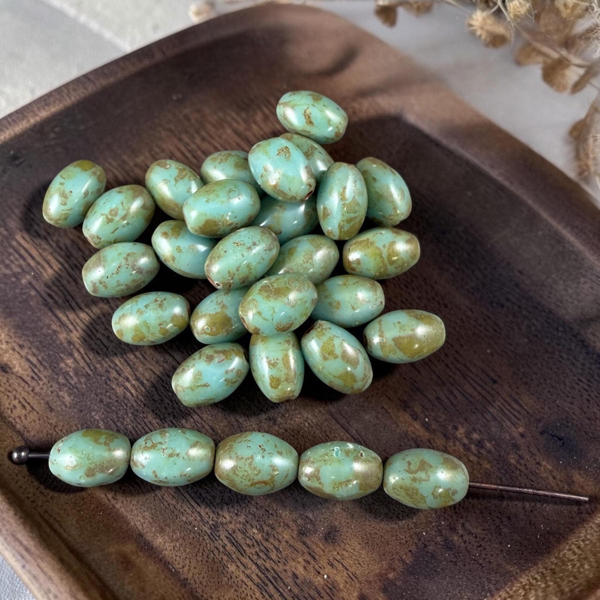 Czech Glass Beads - 9x6mm Olive Oval, Light Turquoise Picasso (R964850) * 20 Beads