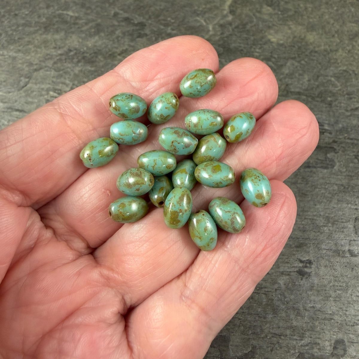 Czech Glass Beads - 9x6mm Olive Oval, Light Turquoise Picasso (R964850) * 20 Beads