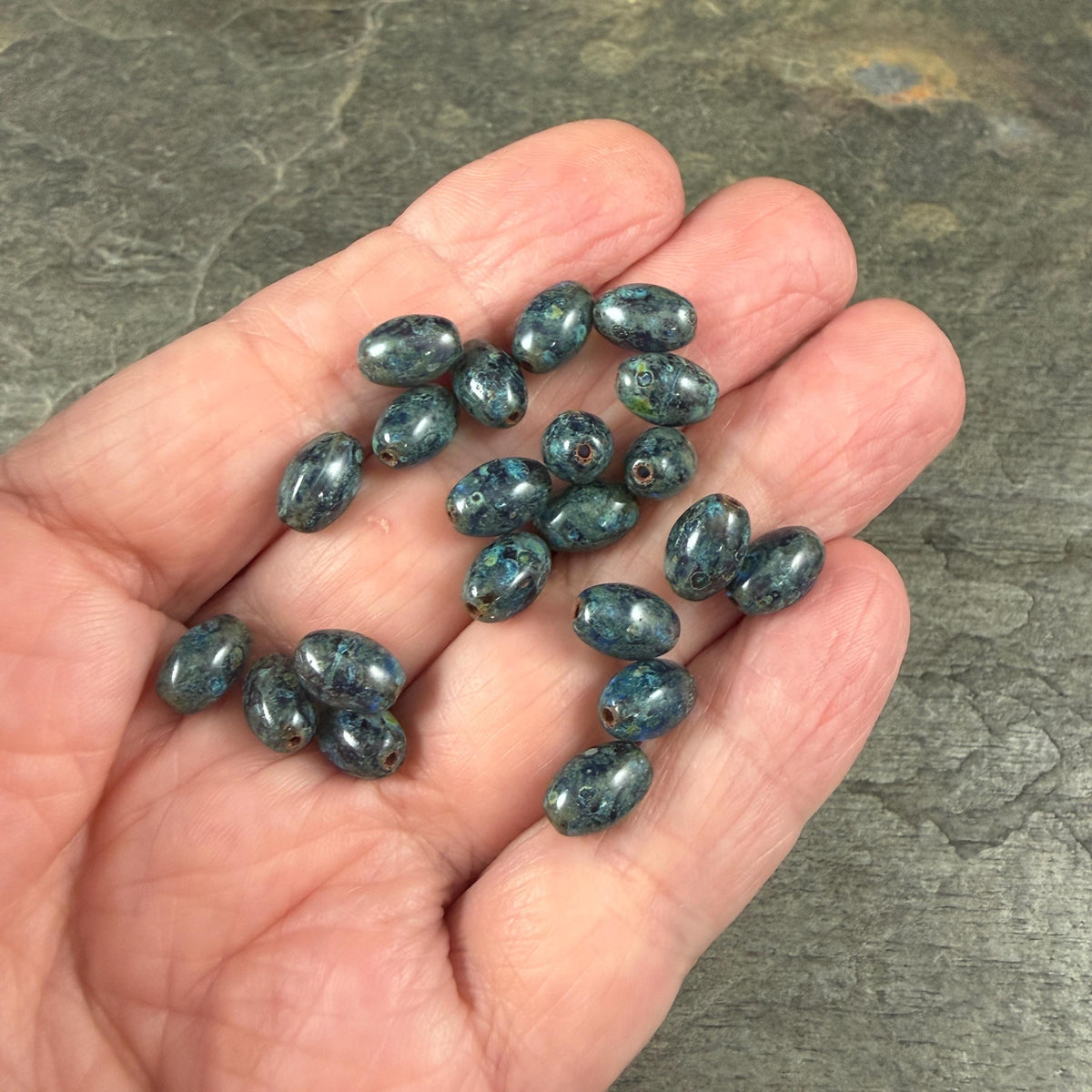 Czech Glass Beads - 9x6mm Olive Oval, Sapphire Blue Picasso (R964846) * 25 Beads