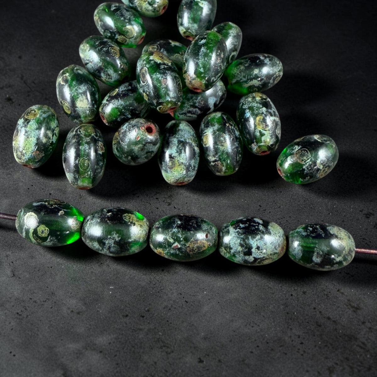 Czech Glass Beads - 9x6mm Olive Oval, Emerald Green Picasso (R964849) * 20 Beads