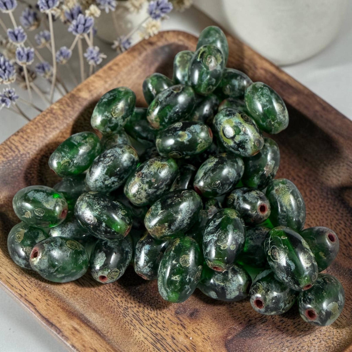 Czech Glass Beads - 9x6mm Olive Oval, Emerald Green Picasso (R964849) * 20 Beads