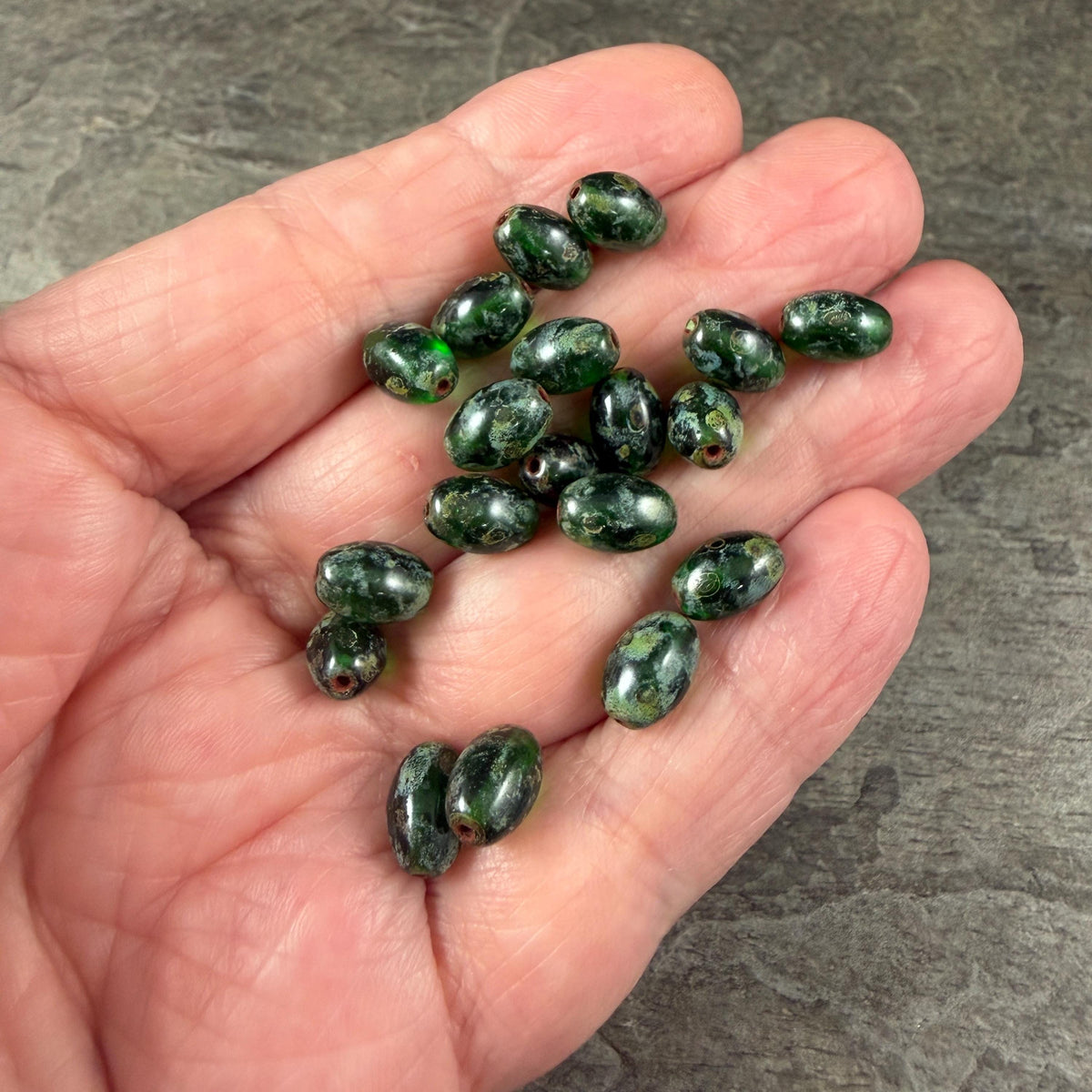 Czech Glass Beads - 9x6mm Olive Oval, Emerald Green Picasso (R964849) * 20 Beads