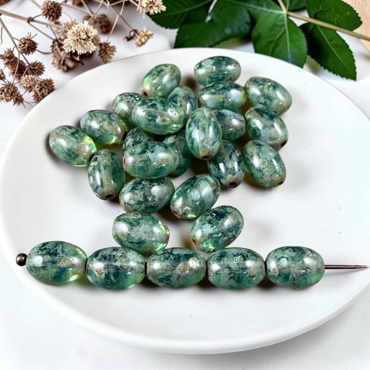 Czech Glass Beads - 9x6mm Olive Oval, Aqua Blue Picasso (R964855) * 25 Beads