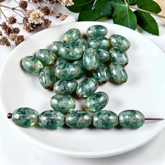 Czech Glass Beads - 9x6mm Olive Oval, Aqua Blue Picasso (R964855) * 25 Beads