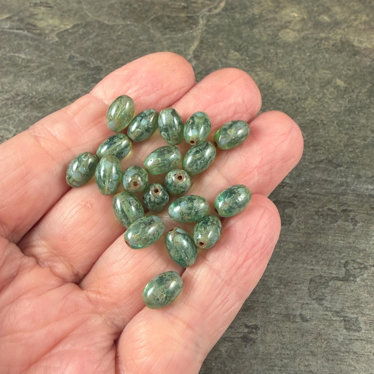 Czech Glass Beads - 9x6mm Olive Oval, Aqua Blue Picasso (R964855) * 25 Beads
