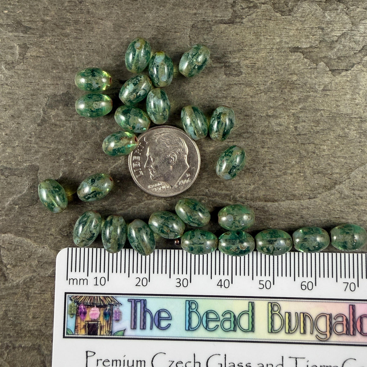 Czech Glass Beads - 9x6mm Olive Oval, Aqua Blue Picasso (R964855) * 25 Beads