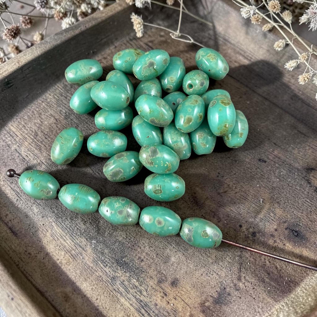 Czech Glass Beads - 9x6mm Olive Oval, Dark Turquoise Picasso (R964851) * 20 Beads