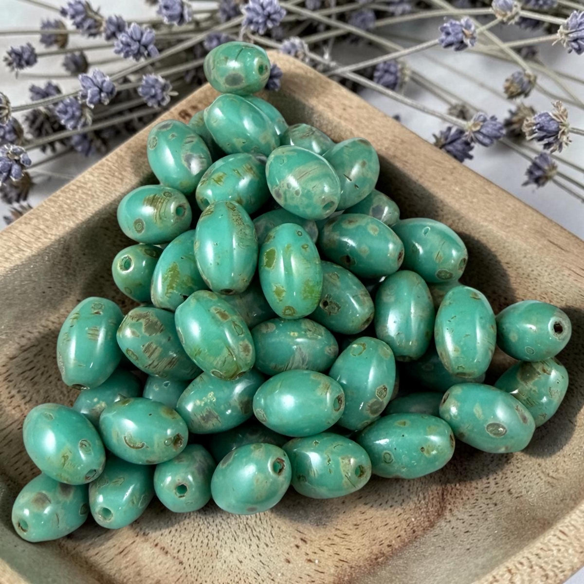 Czech Glass Beads - 9x6mm Olive Oval, Dark Turquoise Picasso (R964851) * 20 Beads