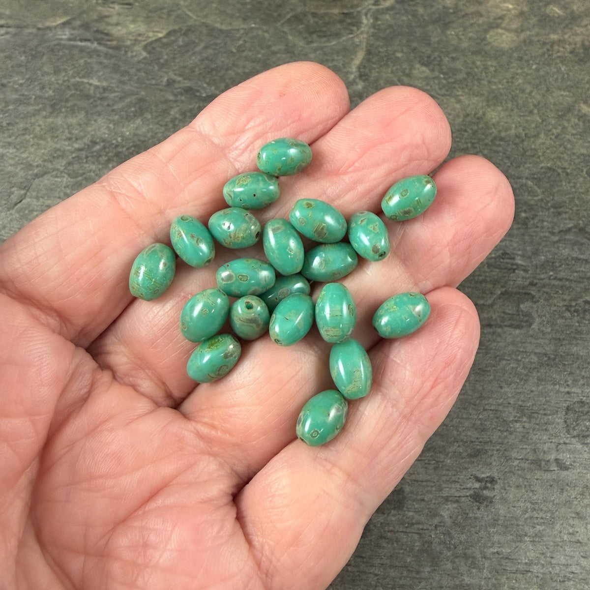 Czech Glass Beads - 9x6mm Olive Oval, Dark Turquoise Picasso (R964851) * 20 Beads