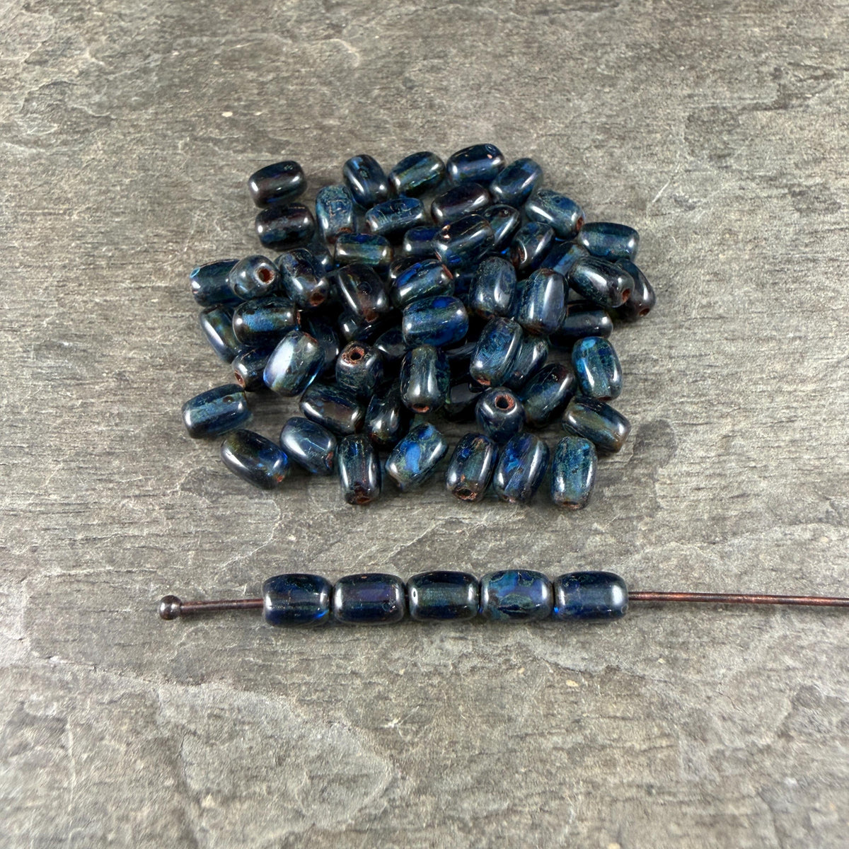 Czech Glass Beads - 5x3mm Rectangle, Sapphire Blue Travertine (R965326) * 50 Beads