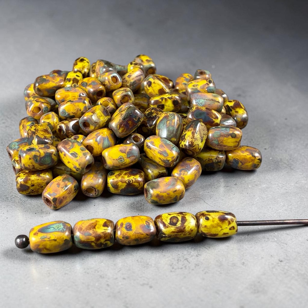 Czech Glass Beads - 5x3mm Rectangle, Yellow Picasso (R965327) * 50 Beads