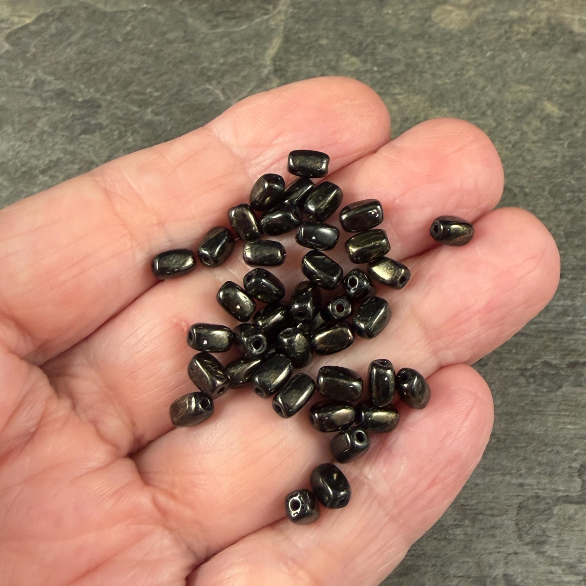 Czech Glass Beads - 5x3mm Rectangle, Black with Gold Luster Finish (R965527) * 50 Beads