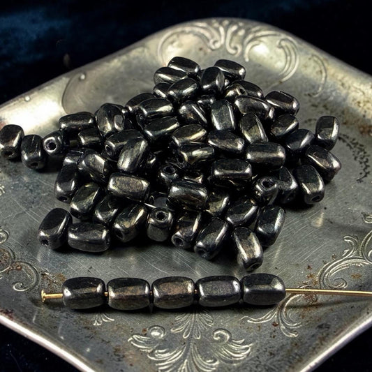 Czech Glass Beads - 5x3mm Rectangle, Black with Gold Luster Finish (R965527) * 50 Beads