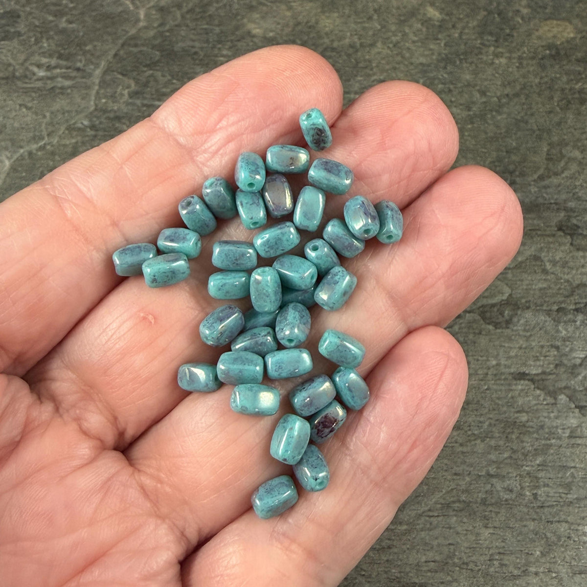 Czech Glass Beads - 5x3mm Rectangle, Cadet Blue Picasso (R965525) * 50 Beads