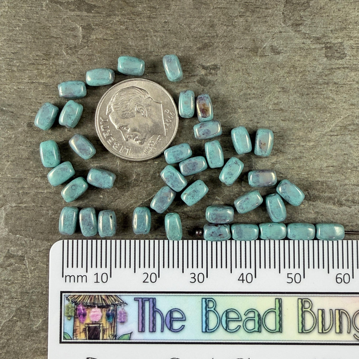 Czech Glass Beads - 5x3mm Rectangle, Cadet Blue Picasso (R965525) * 50 Beads