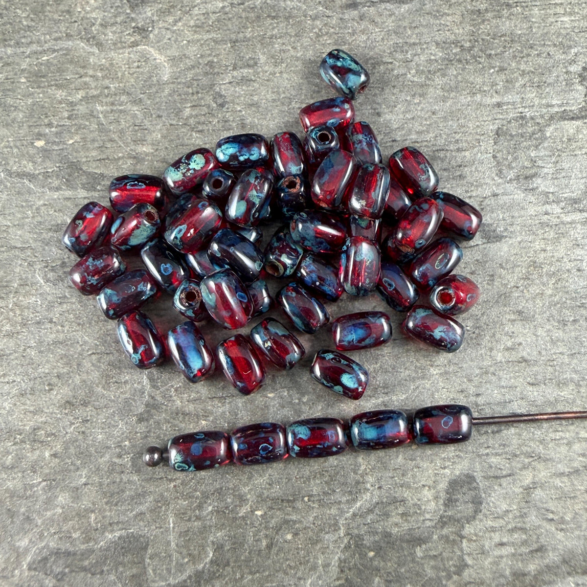 Czech Glass Beads - 5x3mm Rectangle, Ruby Red Travertine (R965518) * 50 Beads