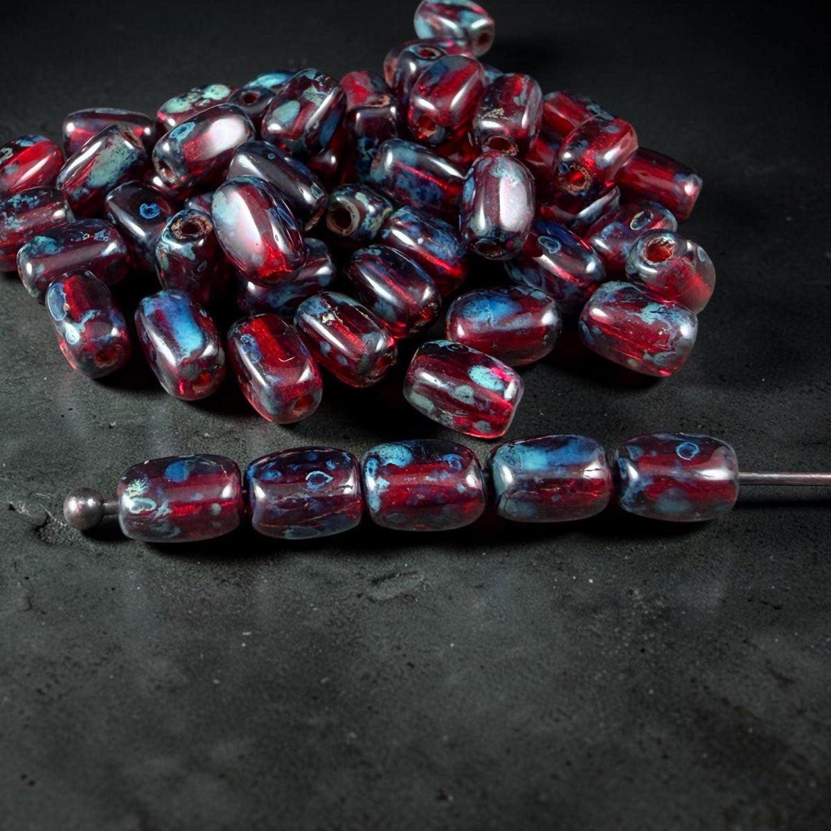 Czech Glass Beads - 5x3mm Rectangle, Ruby Red Travertine (R965518) * 50 Beads