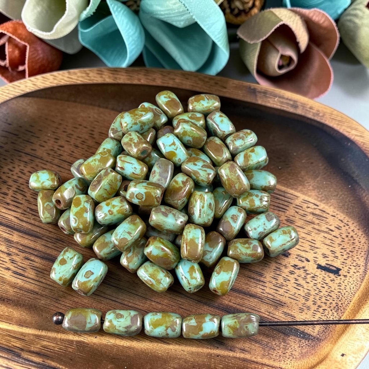 Czech Glass Beads - 5x3mm Rectangle, Light Turquoise Picasso (R965521) * 50 Beads