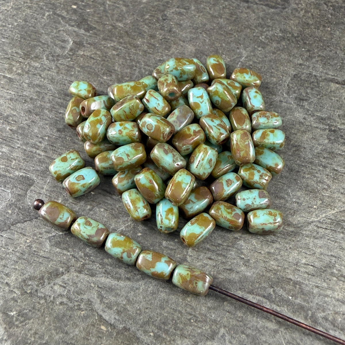Czech Glass Beads - 5x3mm Rectangle, Light Turquoise Picasso (R965521) * 50 Beads