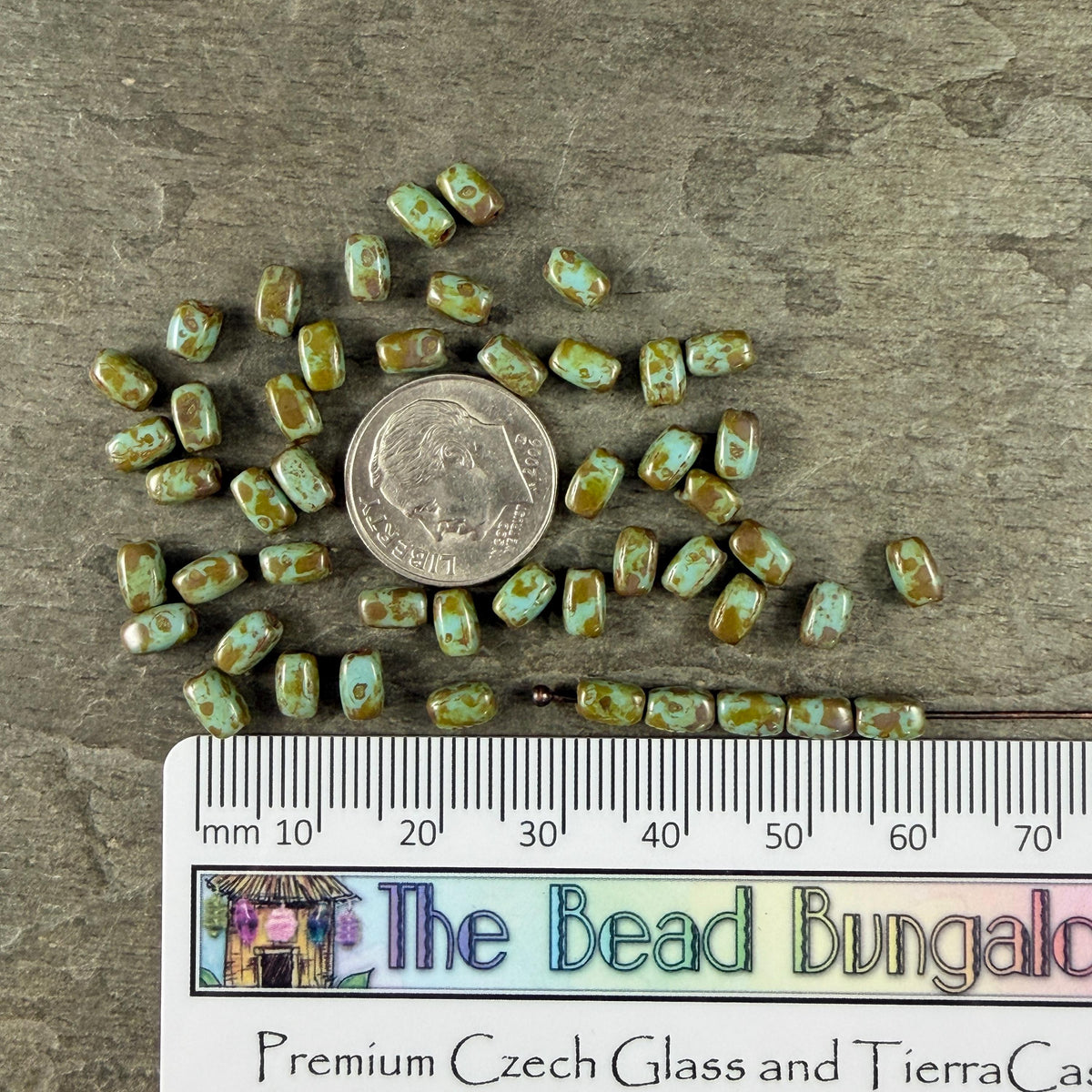 Czech Glass Beads - 5x3mm Rectangle, Light Turquoise Picasso (R965521) * 50 Beads