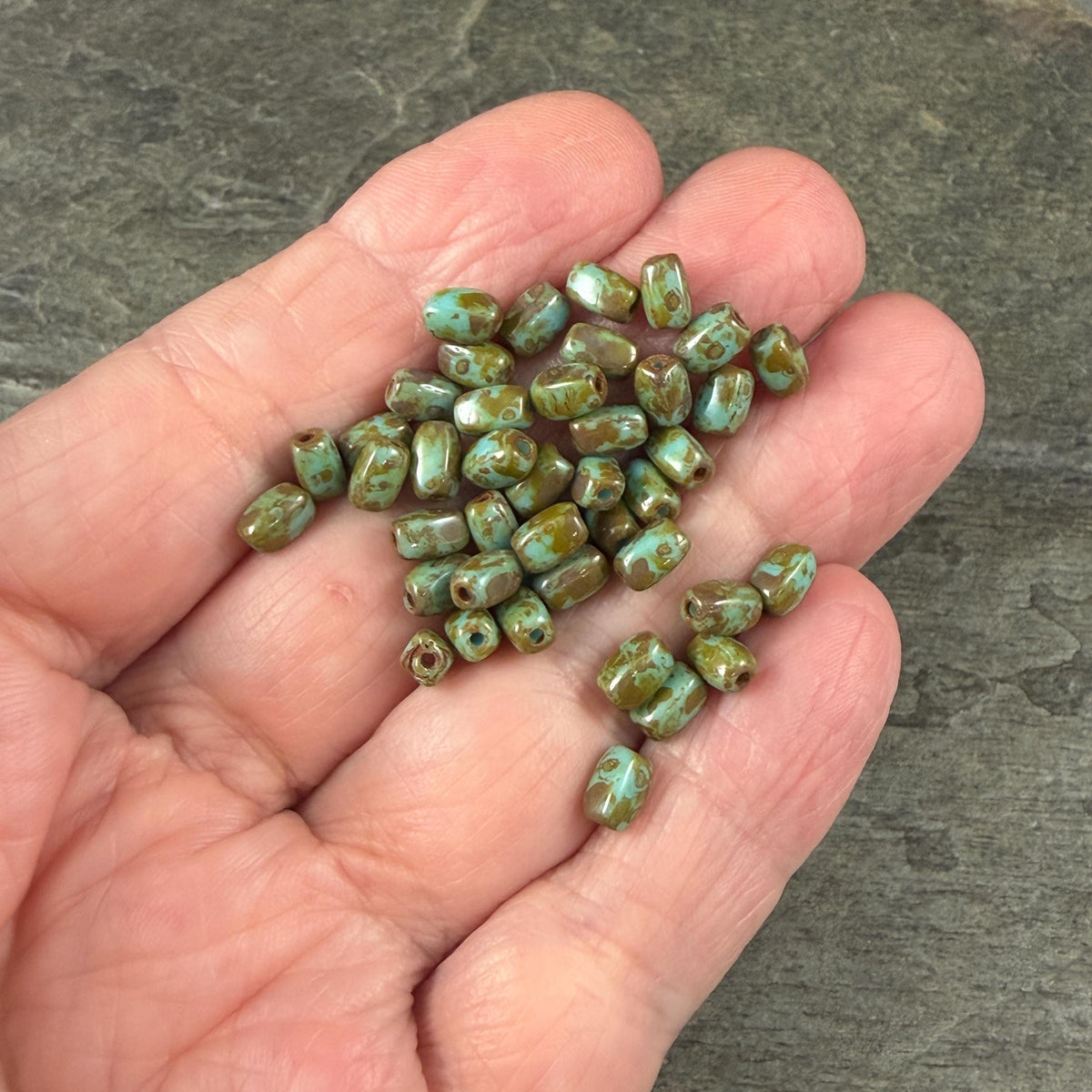 Czech Glass Beads - 5x3mm Rectangle, Light Turquoise Picasso (R965521) * 50 Beads