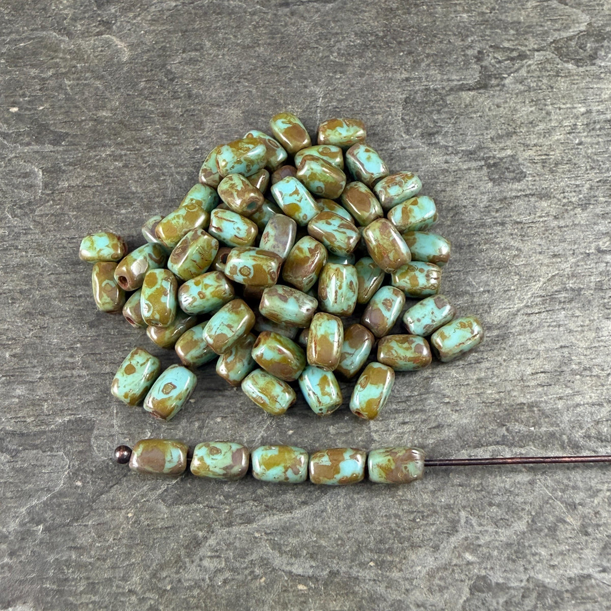 Czech Glass Beads - 5x3mm Rectangle, Light Turquoise Picasso (R965521) * 50 Beads