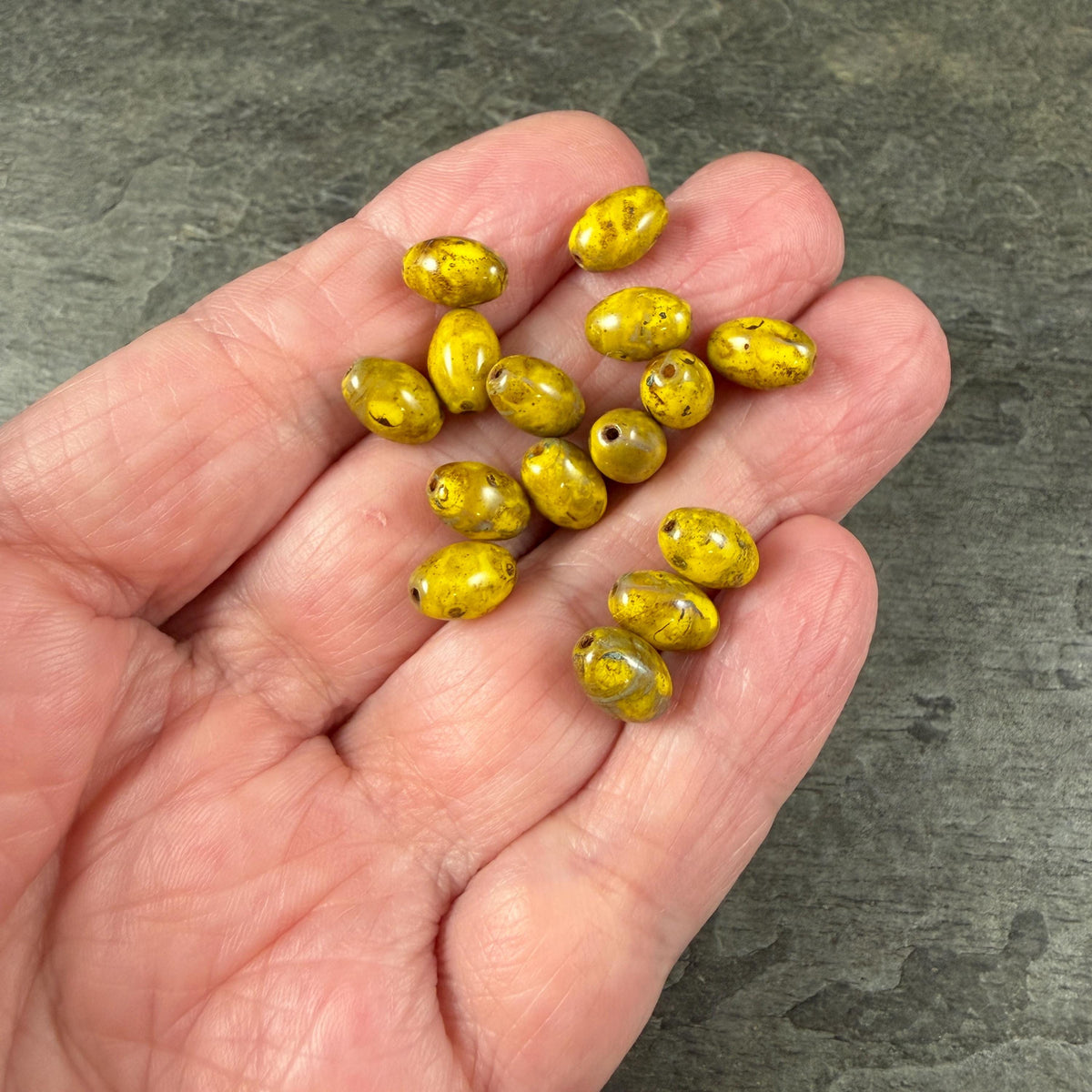 Czech Glass Beads - 9x6mm Olive Oval, Yellow Picasso (R964852) * 20 Beads