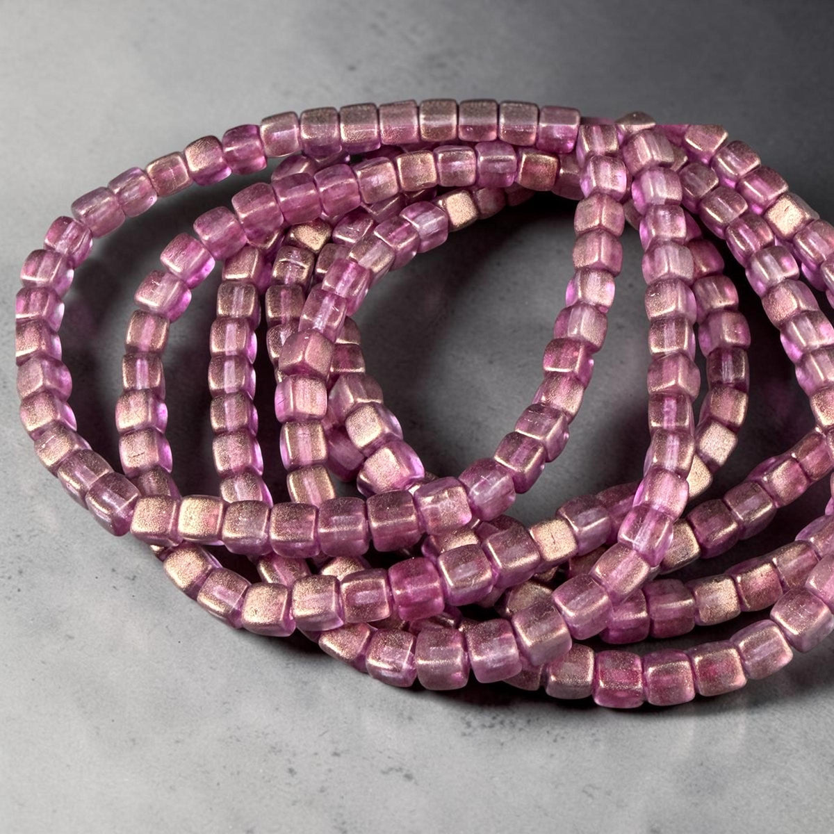 Czech Glass Beads - 4mm Cube Beads, Pink and Bronze Metallic Finish (CUB/N-0097) * Qty. 40