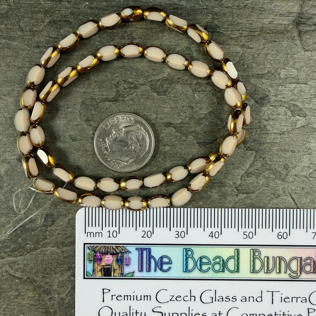 Electroplated Glass Beads - 7x4.5mm Faceted Oval, Opaque Ivory Beige with Gold Finish (A01-02J) * Qty. 50 Beads