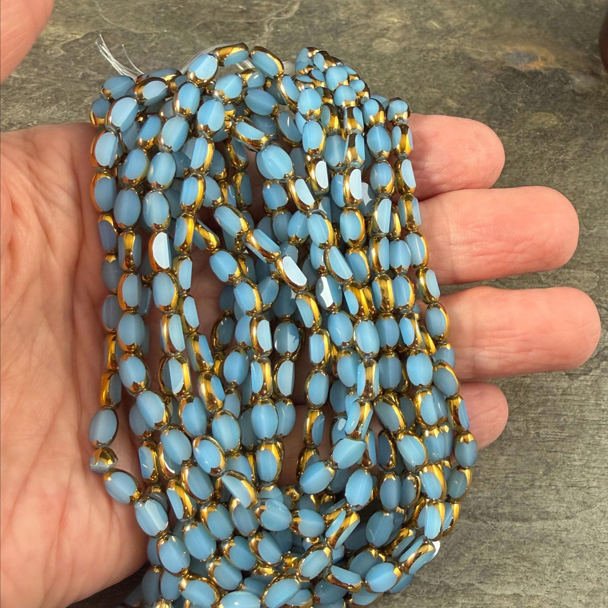 Electroplated Glass Beads - 7x4.5mm Faceted Oval, Opaque Cornflower Blue with Gold Finish (02B-02) * Qty. 50 Beads