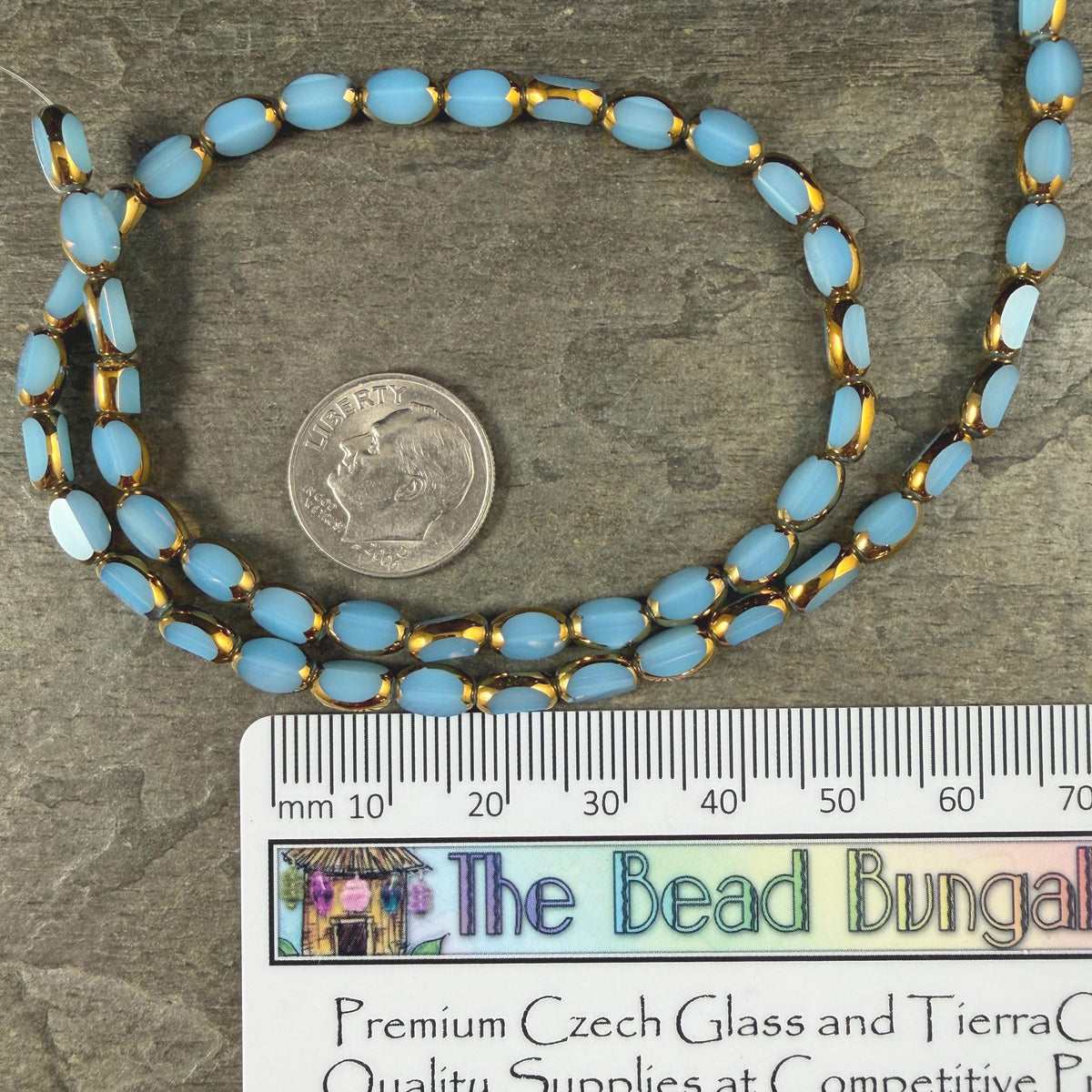 Electroplated Glass Beads - 7x4.5mm Faceted Oval, Opaque Cornflower Blue with Gold Finish (02B-02) * Qty. 50 Beads