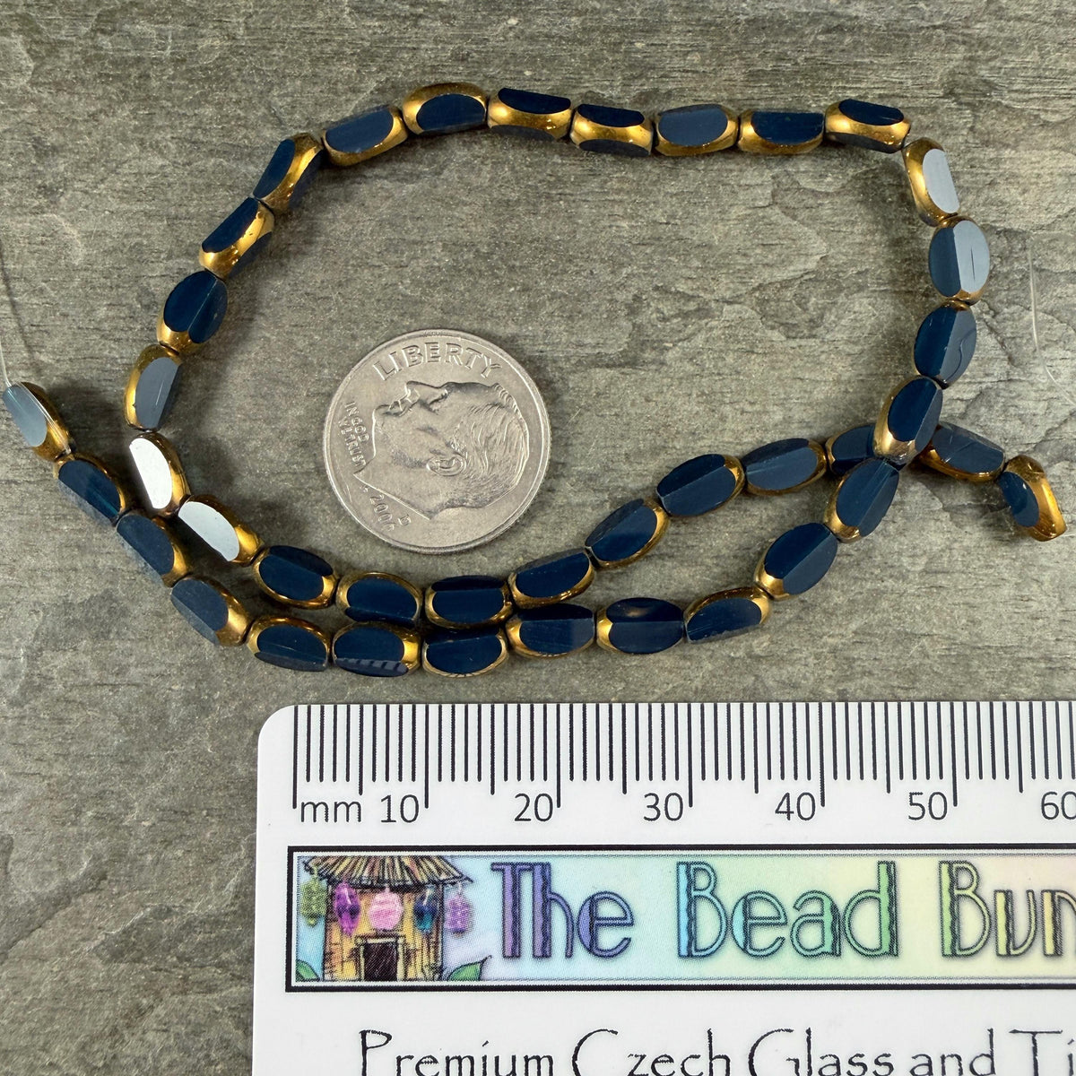 Electroplated Glass Beads - 7x4.5mm Faceted Oval, Opaque Navy Blue with Gold Finish (02A-09) * Qty. 50 Beads