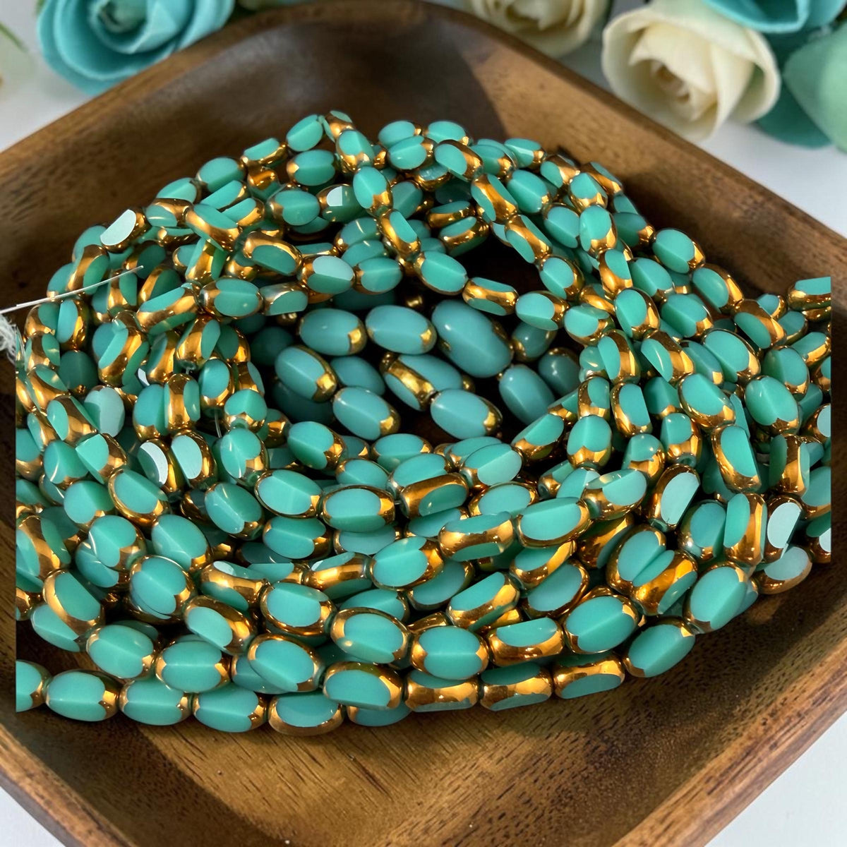 Electroplated Glass Beads - 7x4.5mm Faceted Oval, Opaque Dark Turquoise with Gold Finish (02A-04) * Qty. 50 Beads