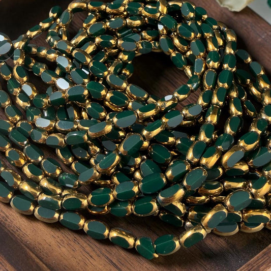 Electroplated Glass Beads - 7x4.5mm Faceted Oval, Opaque Evergreen with Gold Finish (02A-02) * Qty. 50 Beads