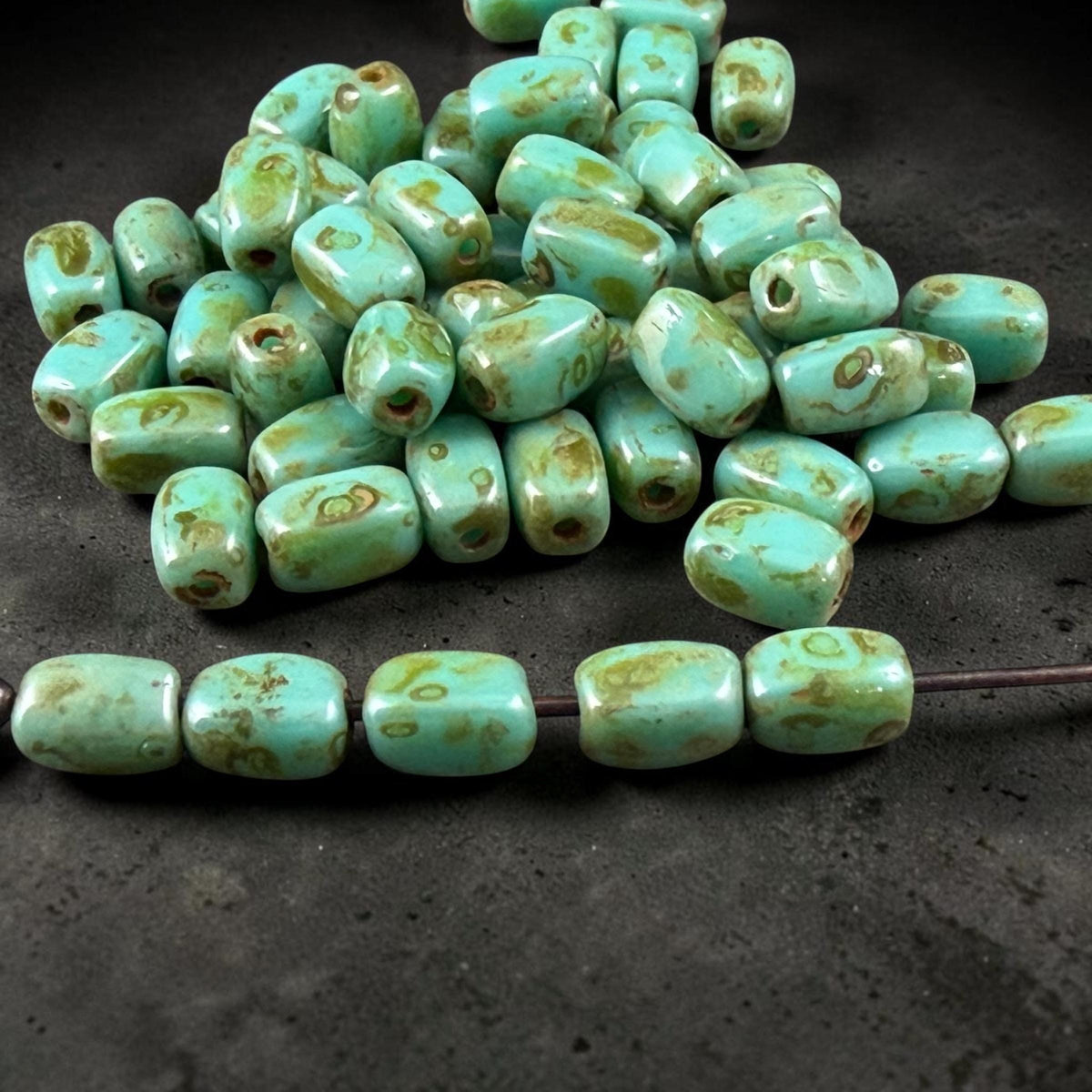Czech Glass Beads - 5x3mm Rectangle, Turquoise Picasso (R965520) * 50 Beads