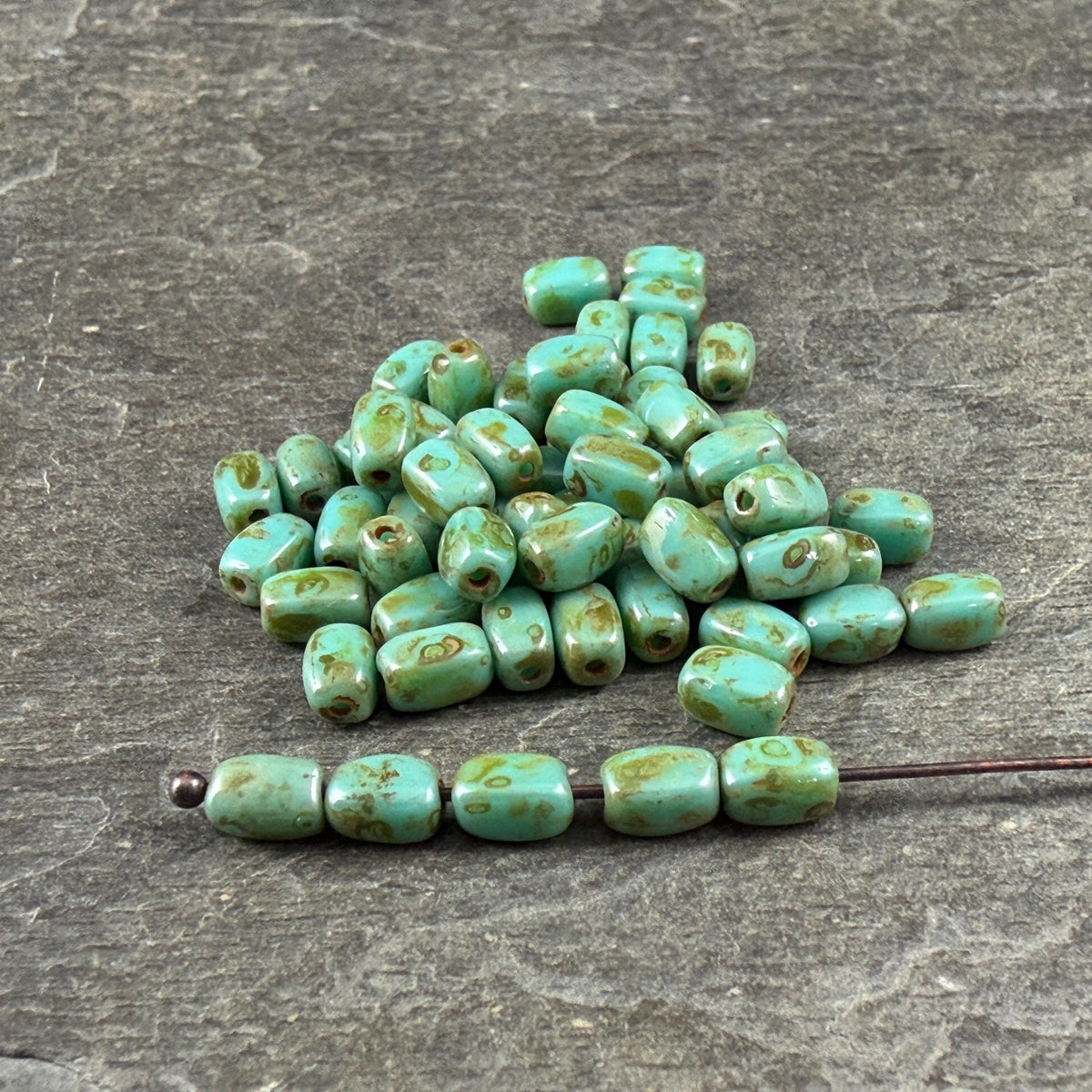 Czech Glass Beads - 5x3mm Rectangle, Turquoise Picasso (R965520) * 50 Beads