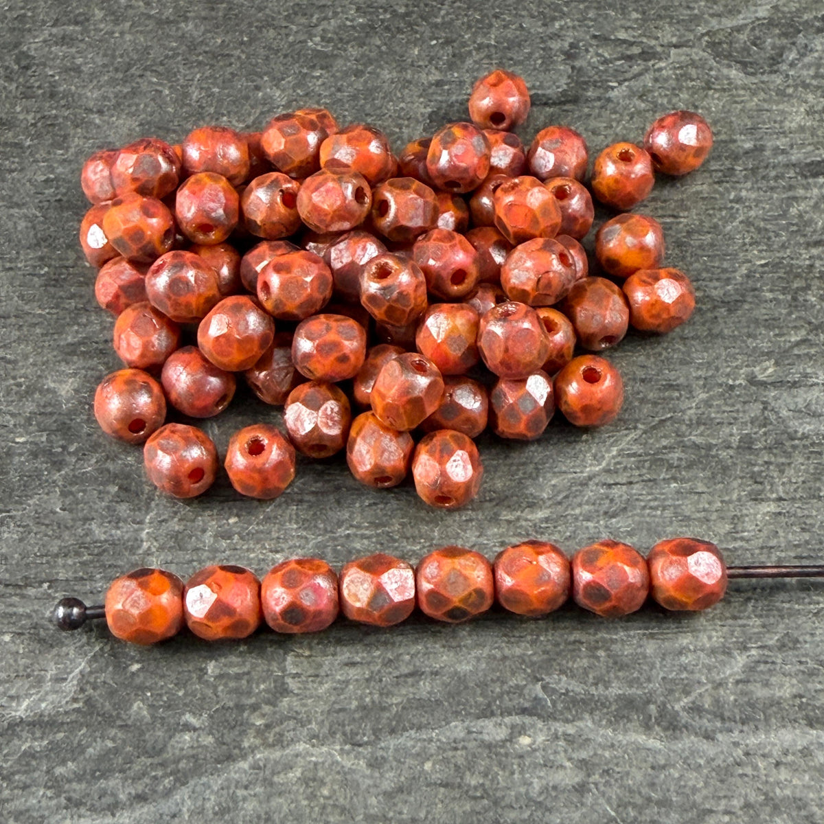 Czech Glass Beads - 4mm Faceted Round, Orange with Copper Picasso (R956060) * 50 Beads