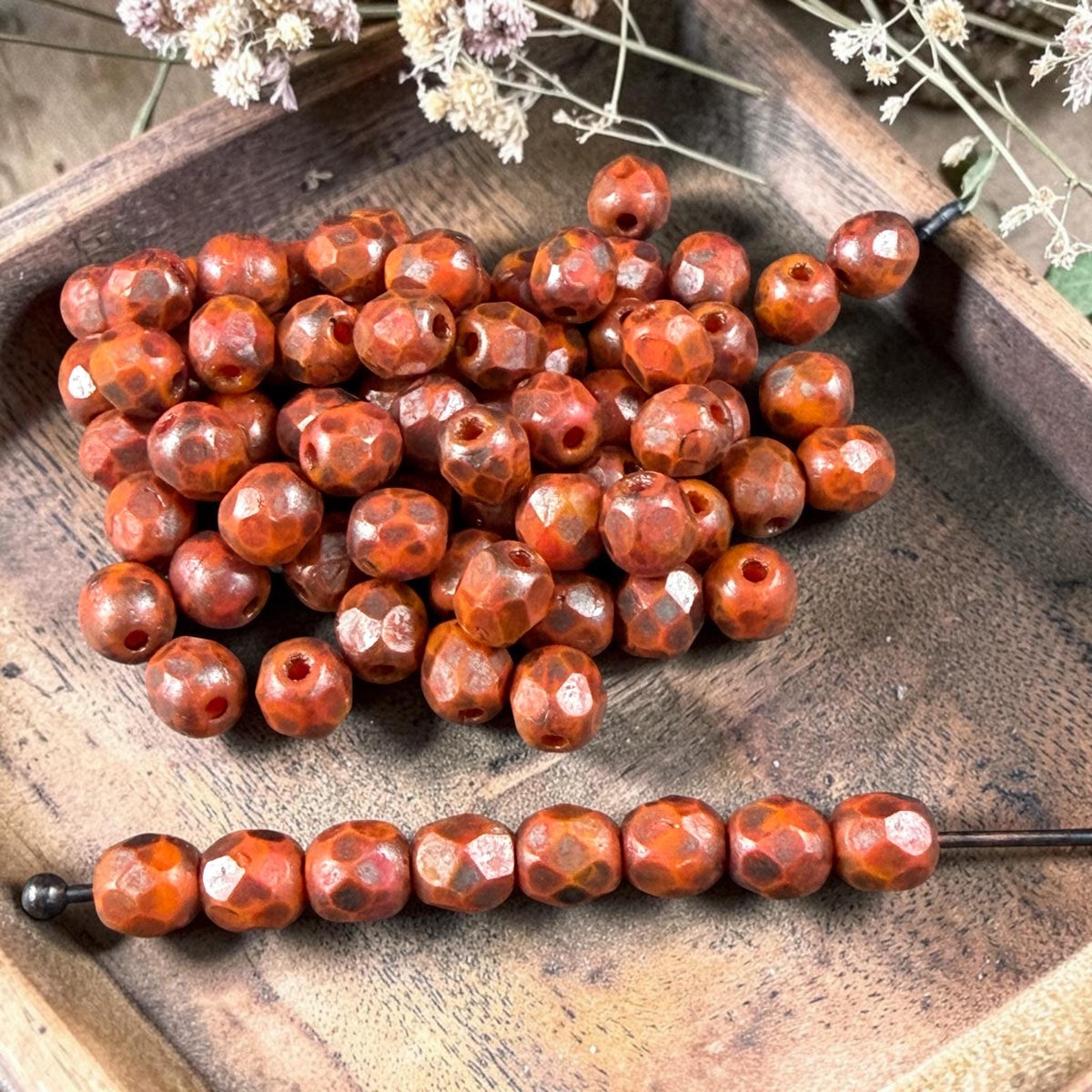 Czech Glass Beads - 4mm Faceted Round, Orange with Copper Picasso (R956060) * 50 Beads