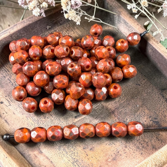 Czech Glass Beads - 4mm Faceted Round, Orange with Copper Picasso (R956060) * 50 Beads