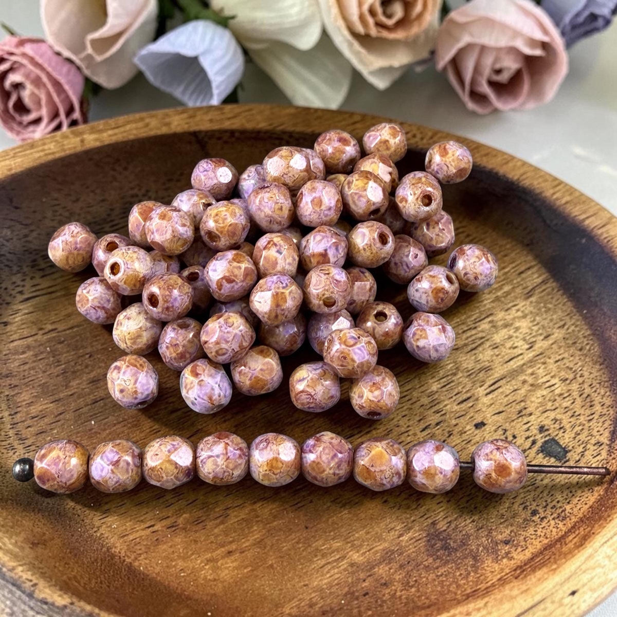 Czech Glass Beads - 4mm Faceted Round, Thistle with Brown Picasso (R952530) * 50 Beads