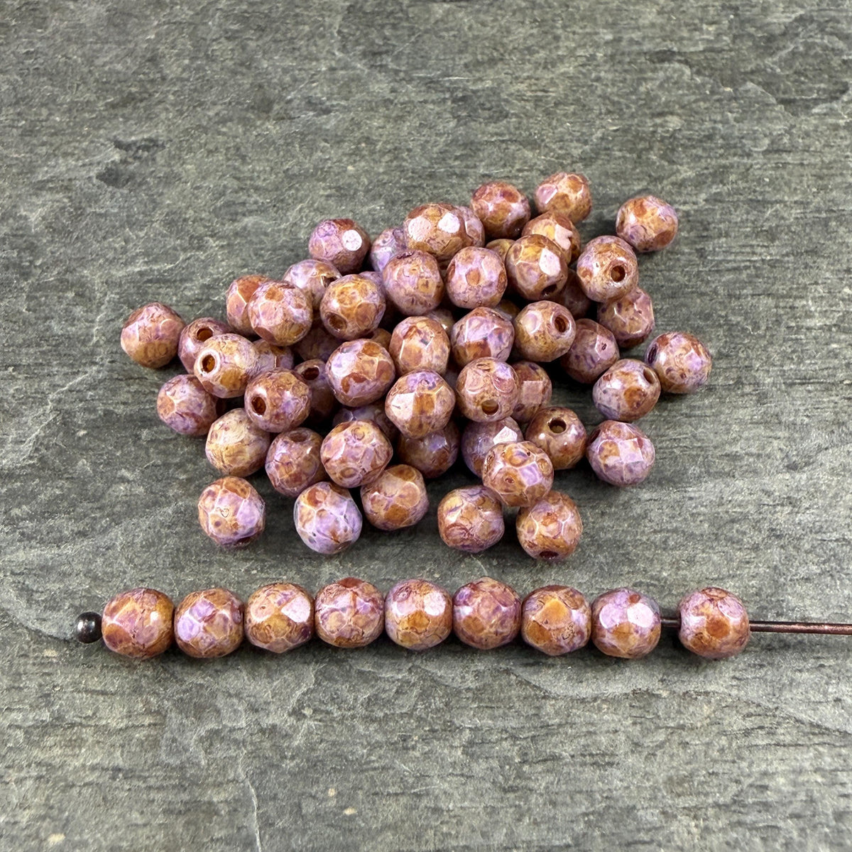 Czech Glass Beads - 4mm Faceted Round, Thistle with Brown Picasso (R952530) * 50 Beads