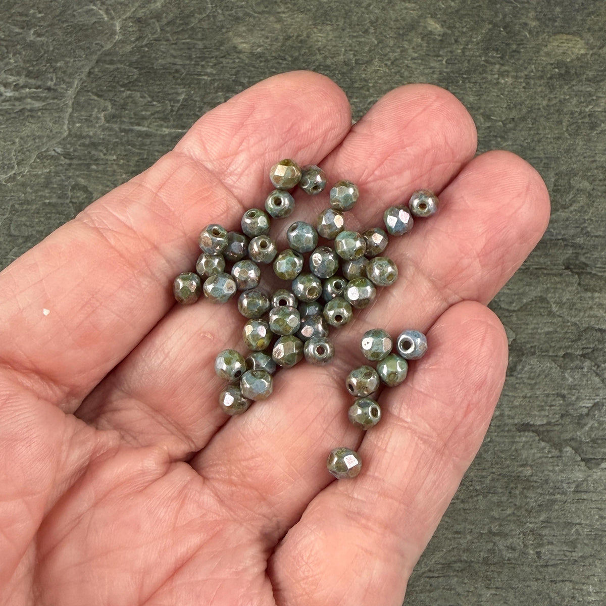 Czech Glass Beads - 4mm Faceted Round, Turquoise with Bronze Picasso Luster (R500634) * 50 Beads