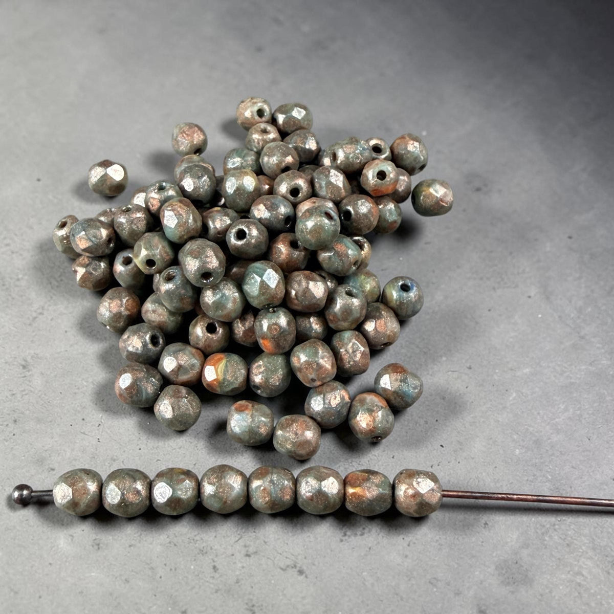 Czech Glass Beads - 4mm Faceted Round, Dark Olive Green with Copper Picasso (R956064) * 50 Beads