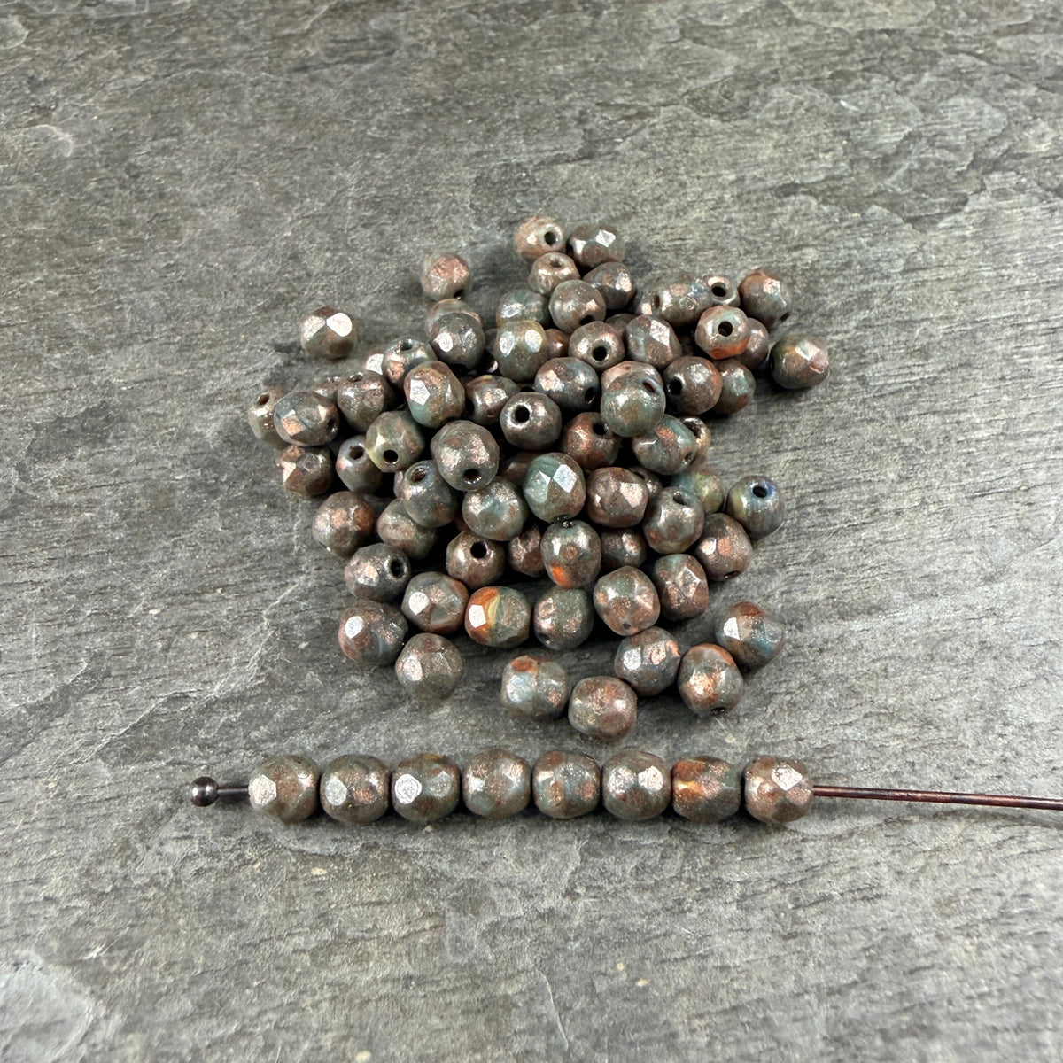 Czech Glass Beads - 4mm Faceted Round, Dark Olive Green with Copper Picasso (R956064) * 50 Beads
