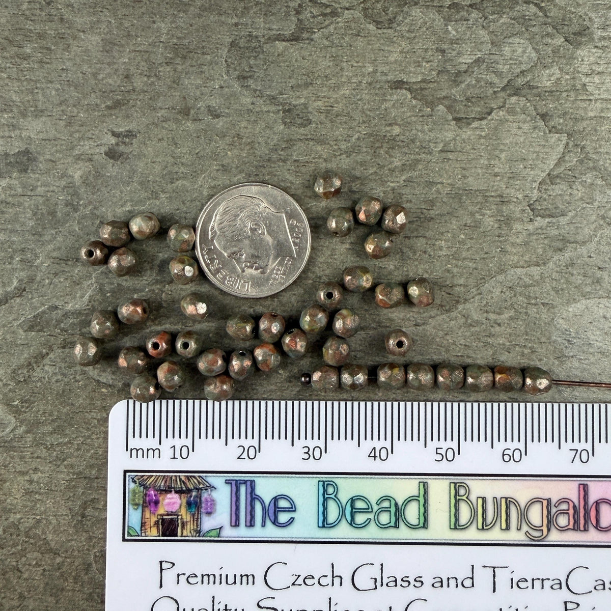 Czech Glass Beads - 4mm Faceted Round, Dark Olive Green with Copper Picasso (R956064) * 50 Beads