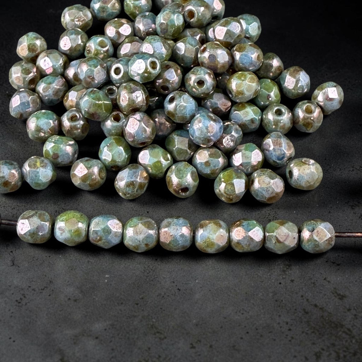Czech Glass Beads - 4mm Faceted Round, Turquoise with Bronze Picasso Luster (R500634) * 50 Beads
