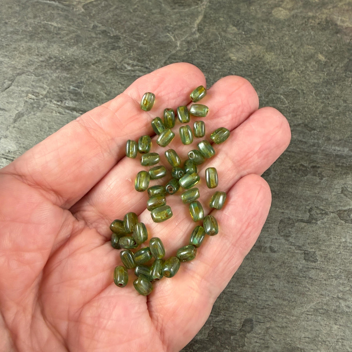 Czech Glass Beads - 5x3mm Rectangle, Olive Green Picasso (R965517) * 50 Beads